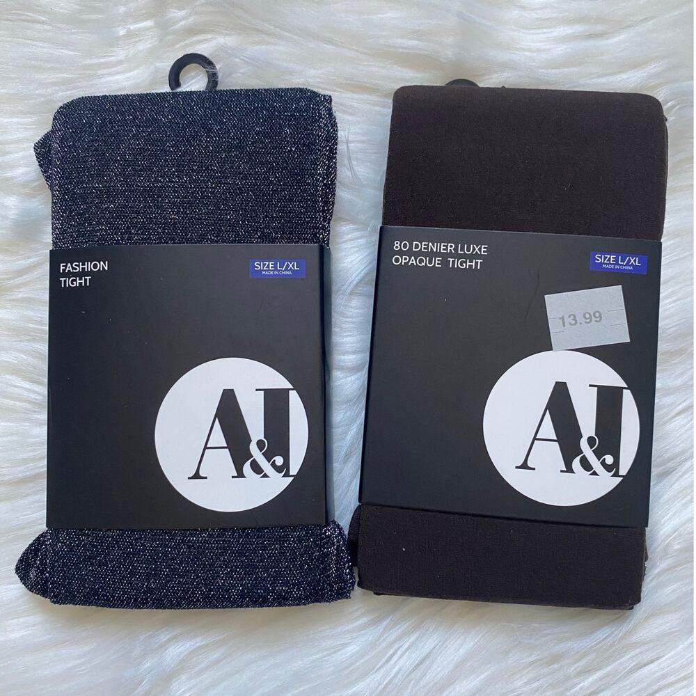 A&I Women's Tights 2 Piece Bundle Silver Sparkly and Brown 80 Denier Sz L/XL NWT